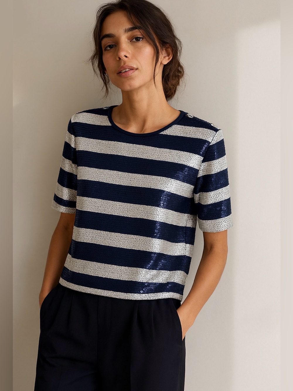 Sandro striped sequin blouse navy/white Size XS/S Elegant Chic Nautical - Picture 3 of 14